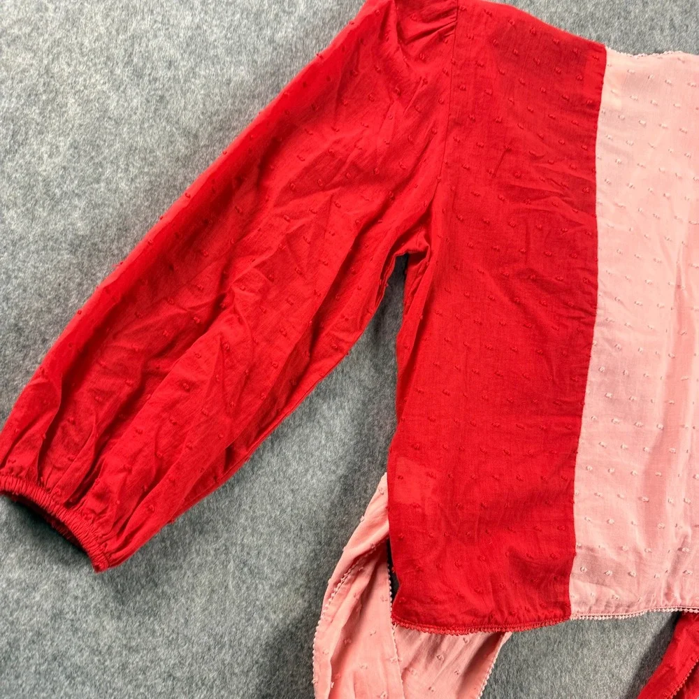 Farm Rio Anthropology Colorblock Wrap Blouse Top XS Swiss Dot Pink Red Festival